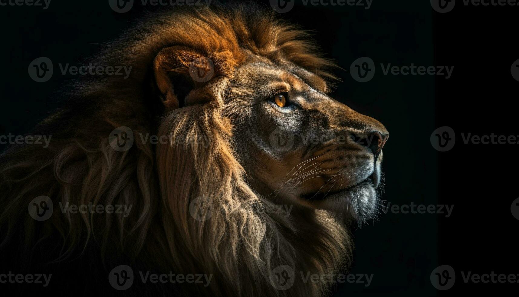 Majestic lion headshot, staring with strength in close up portrait generated by AI photo