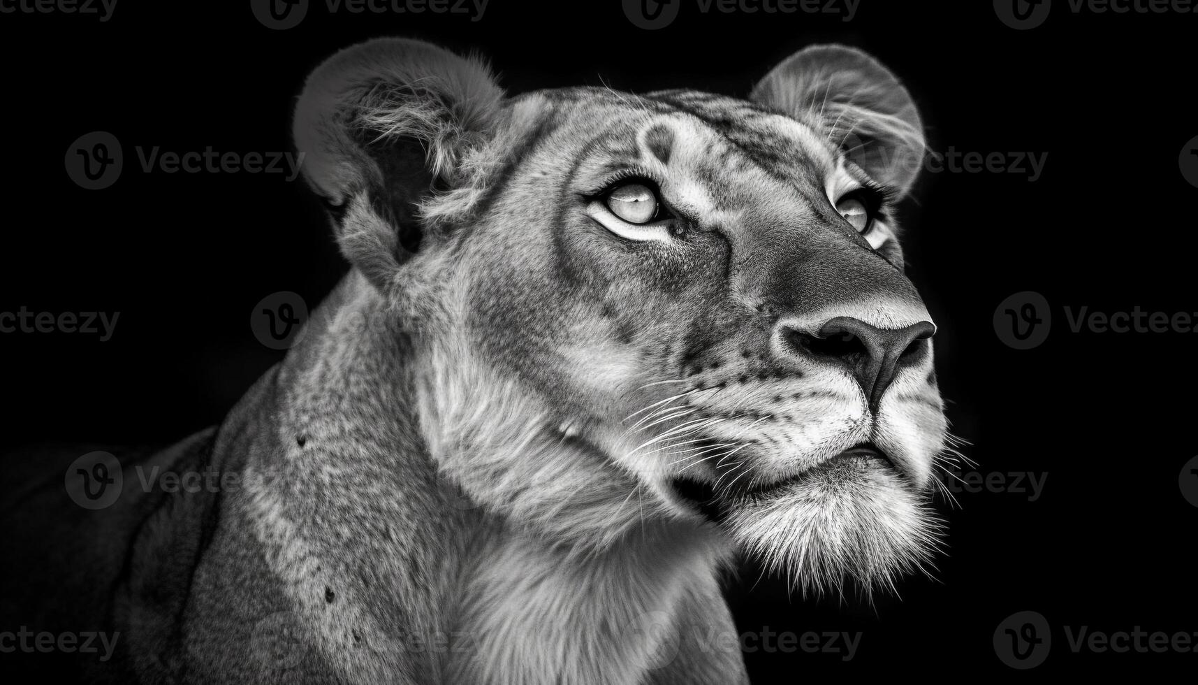 Majestic lion staring at camera, on black background generated by AI photo