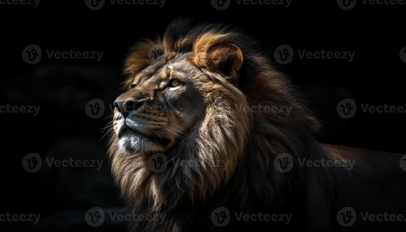 Majestic lion staring with pride, beauty in nature wildlife reserve generated by AI photo