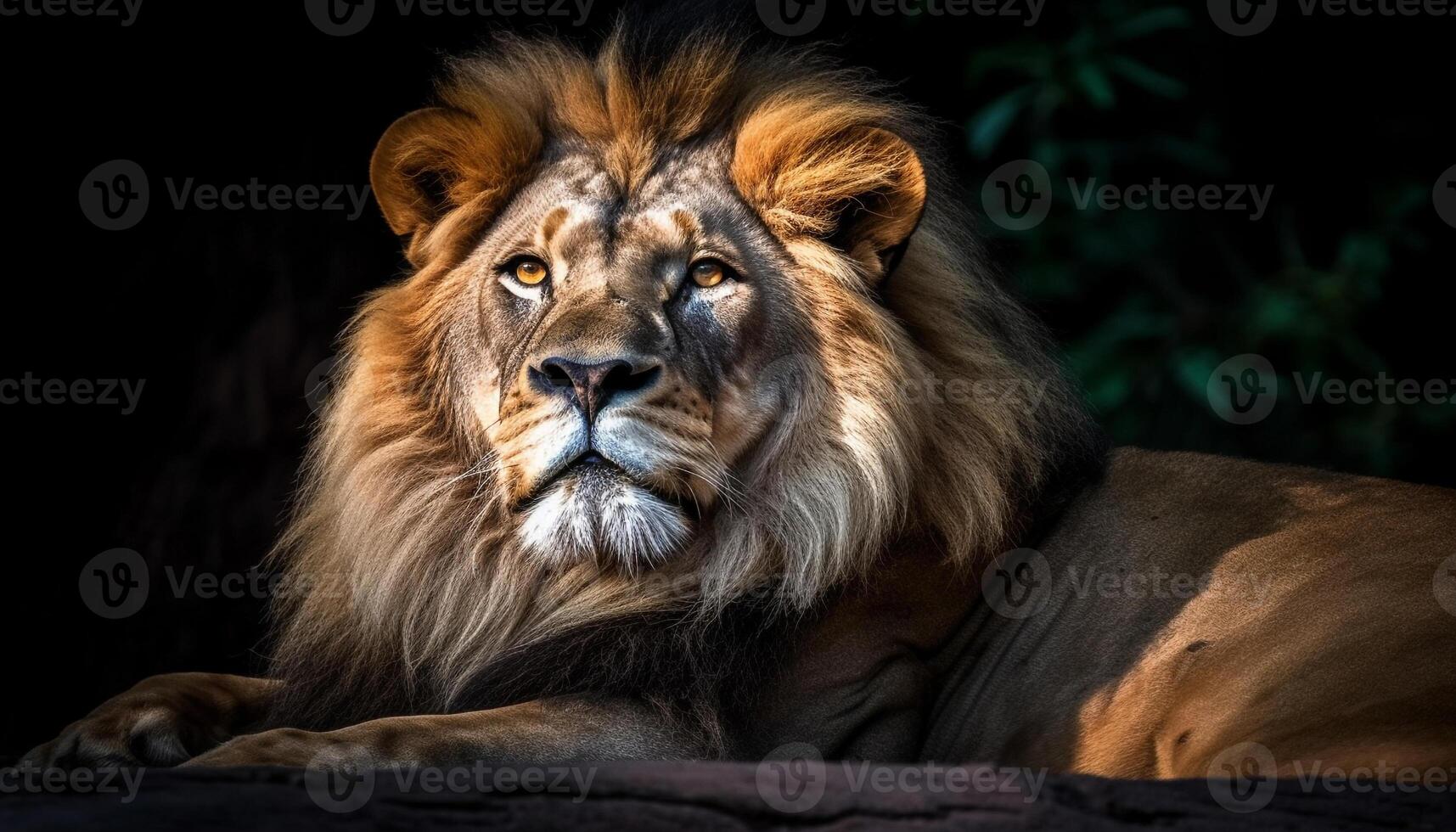 Majestic lion staring, teeth bared, alertness in the wilderness generated by AI photo