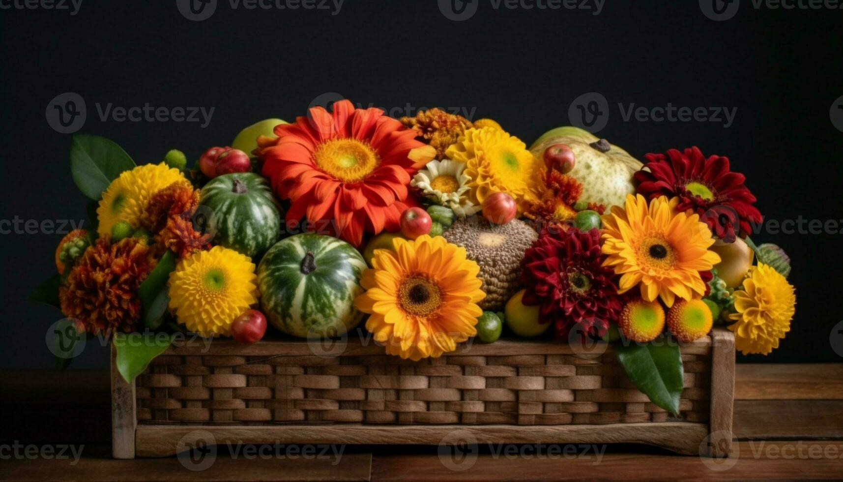 Autumn celebration Rustic vase holds multi colored flower arrangement on table generated by AI photo
