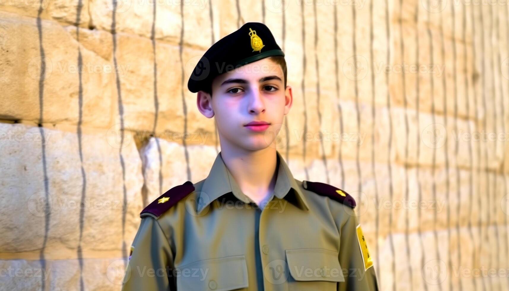 Confident security officer in uniform cap saluting with honor guard generated by AI photo