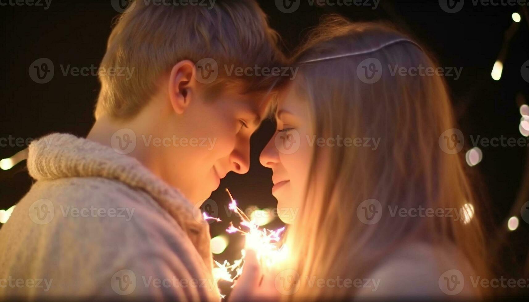 Smiling Caucasian couple embraces outdoors, celebrating love and togetherness generated by AI photo