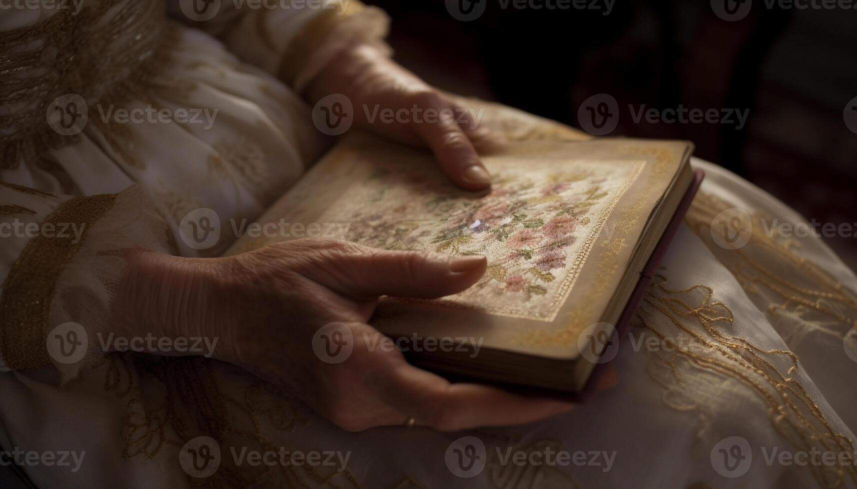 One person reading old Bible, hand holding religious text indoors generated by AI photo