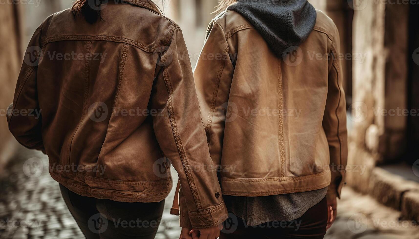 joven Pareja en cuero chaquetas caminando en otoño naturaleza juntos generado por ai foto