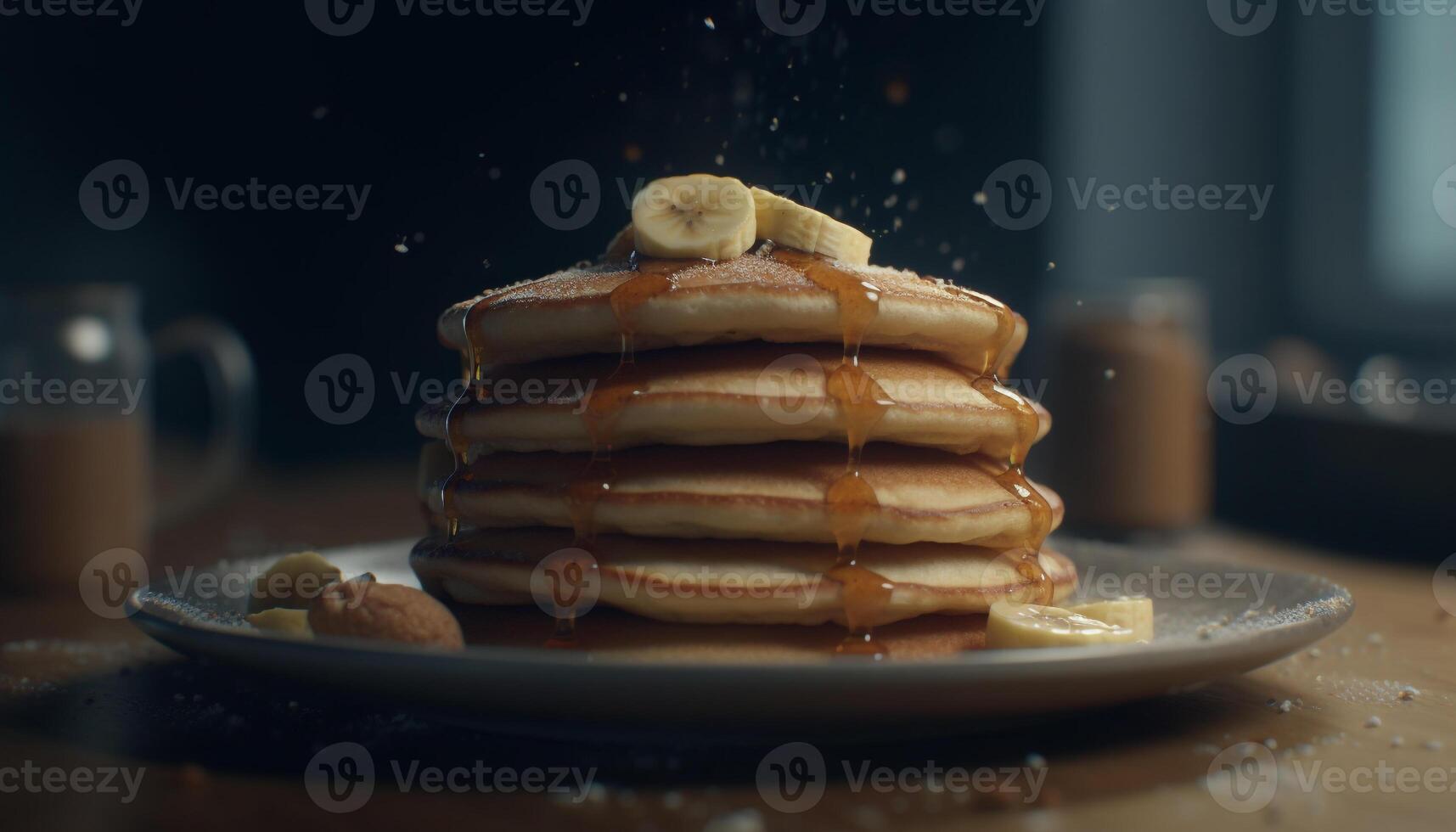 Stack of homemade pancakes with syrup and butter on wood generated by AI photo