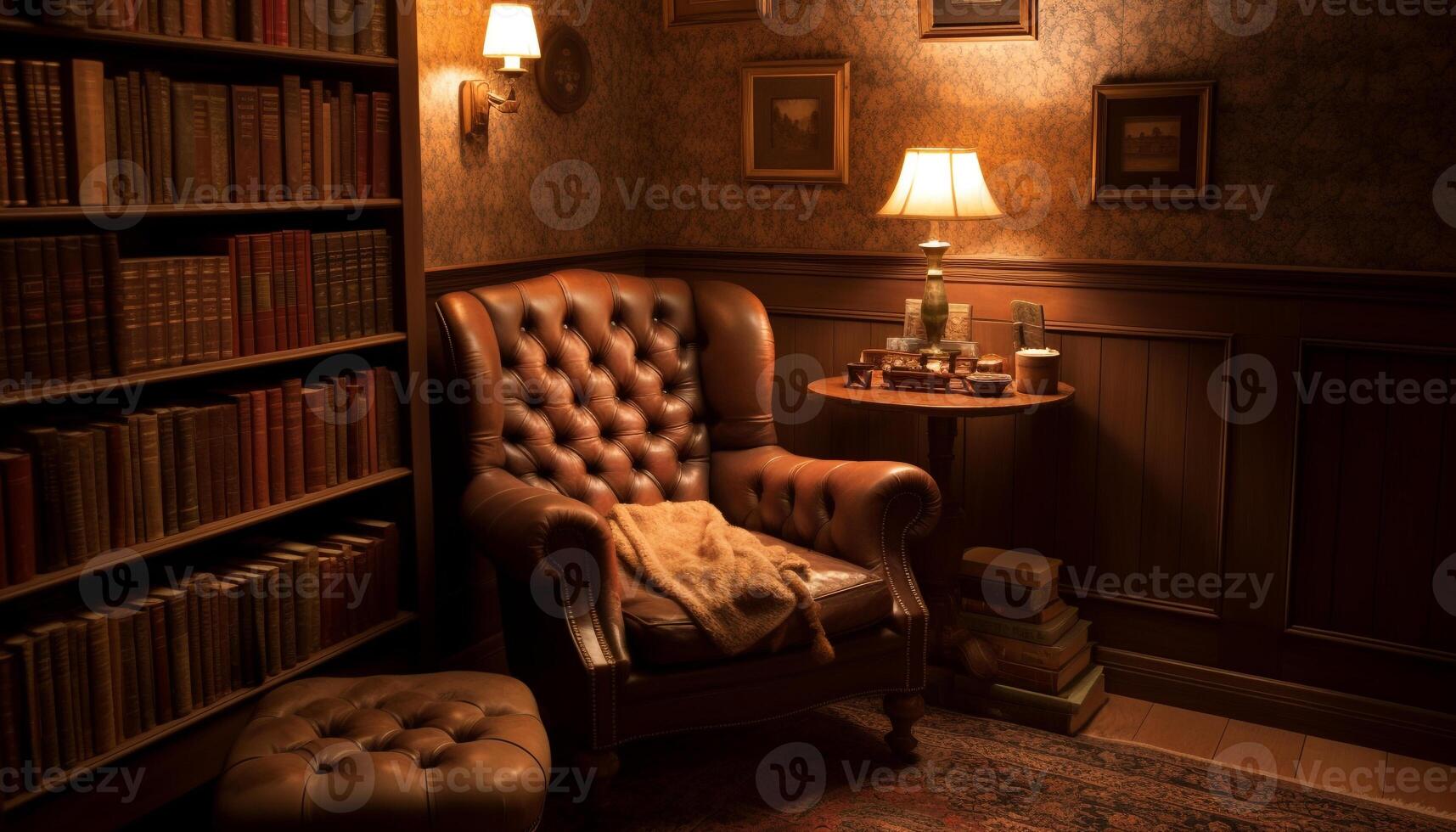 Luxury apartment with old fashioned decor, book collection, and comfortable armchair generated by AI photo