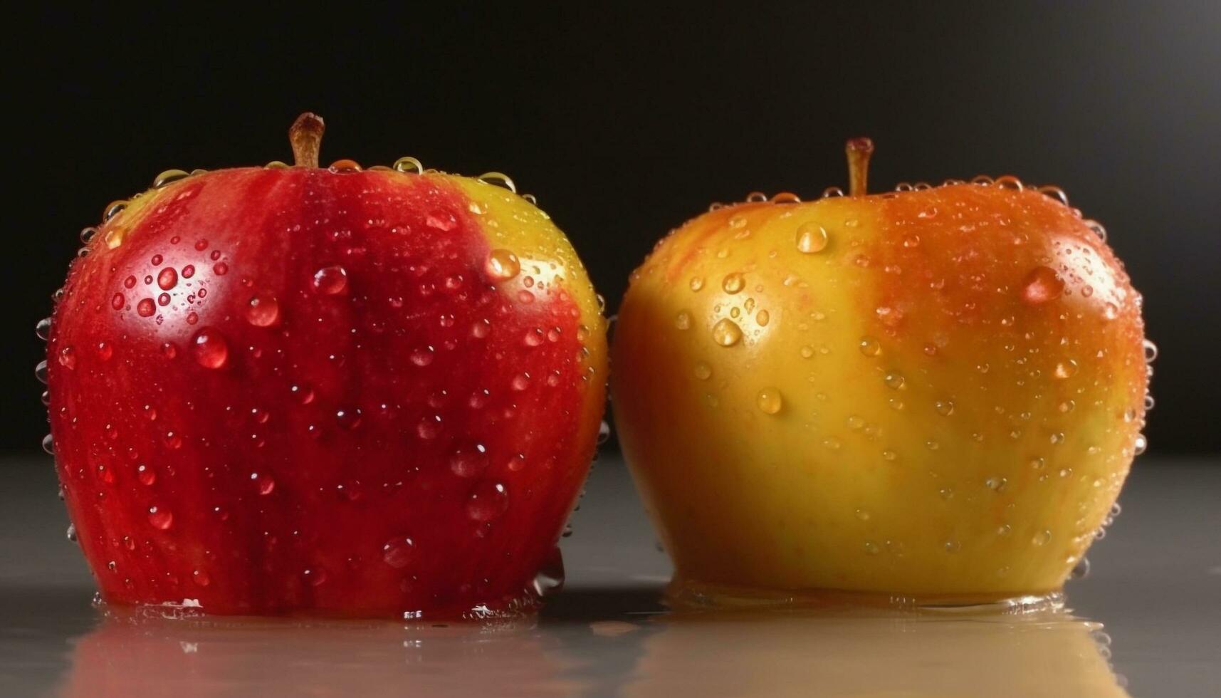 Fresco manzana soltar refleja naturaleza vibrante sano estilo de vida en cerca arriba generado por ai foto
