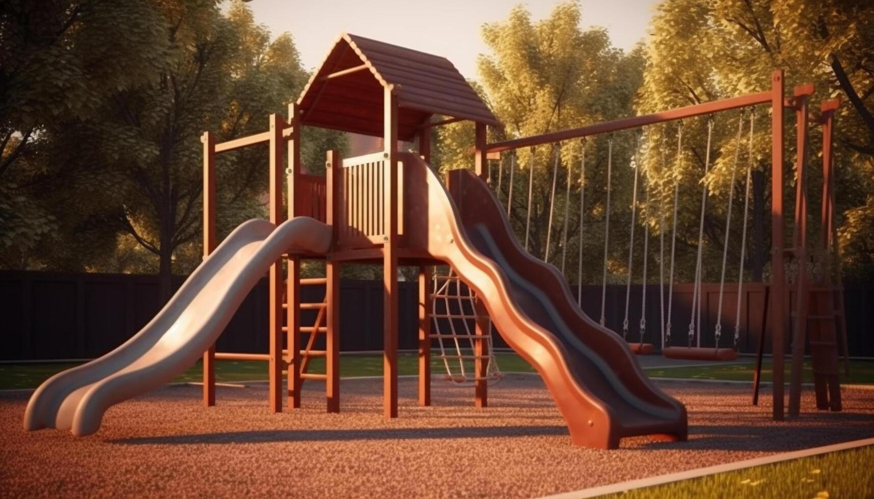 Childhood joy playing on multi colored slide in nature playground generated by AI photo