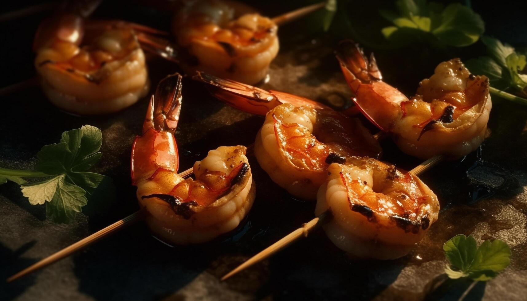 Grilled seafood skewer, a gourmet appetizer with natural freshness generated by AI photo