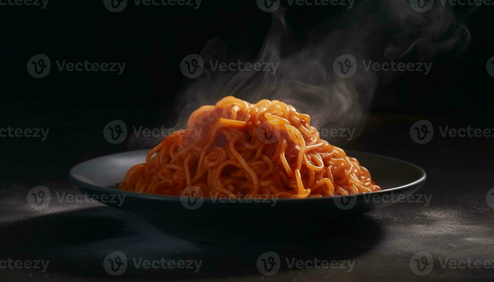 Healthy pasta meal cooked with bolognese sauce on black plate generated by AI photo