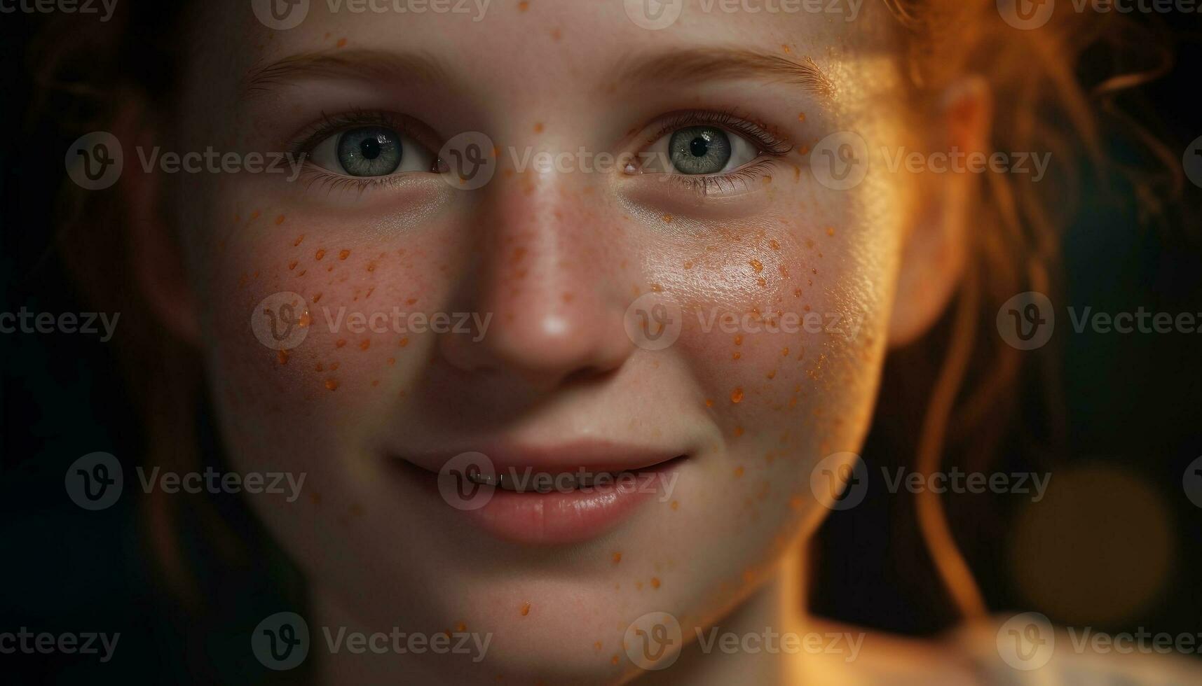 Smiling child close up portrait, one cute Caucasian girl looking cheerful generated by AI photo