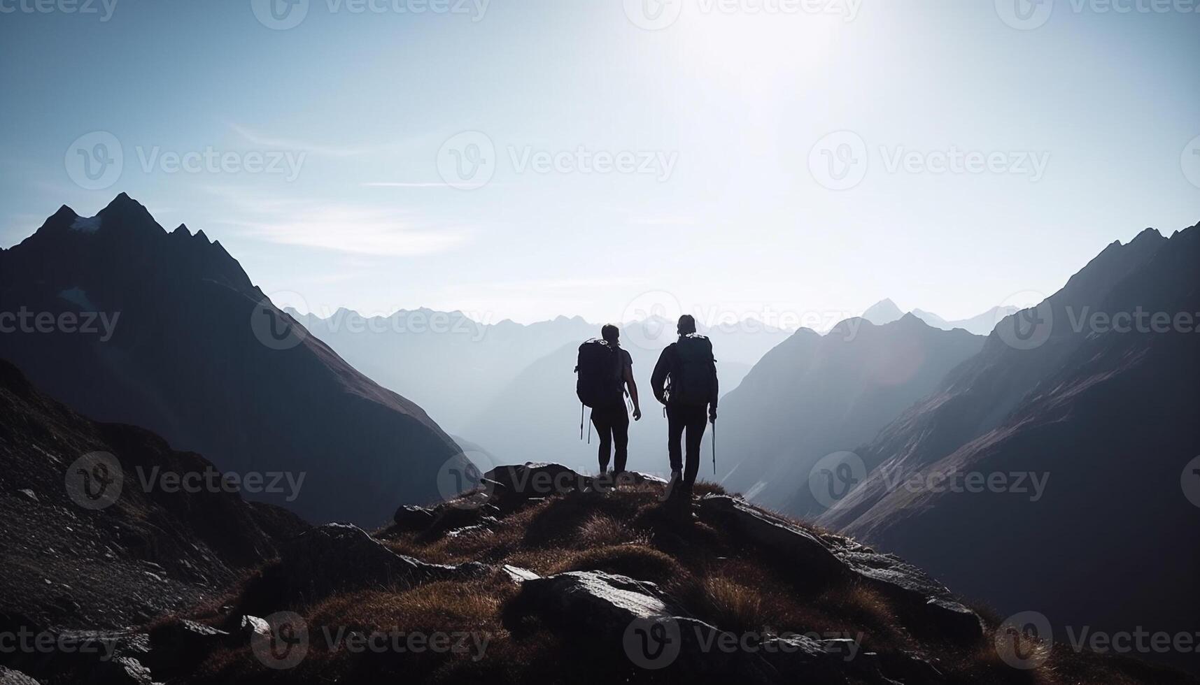 Two silhouette people hiking mountain peak, enjoying nature freedom generated by AI photo