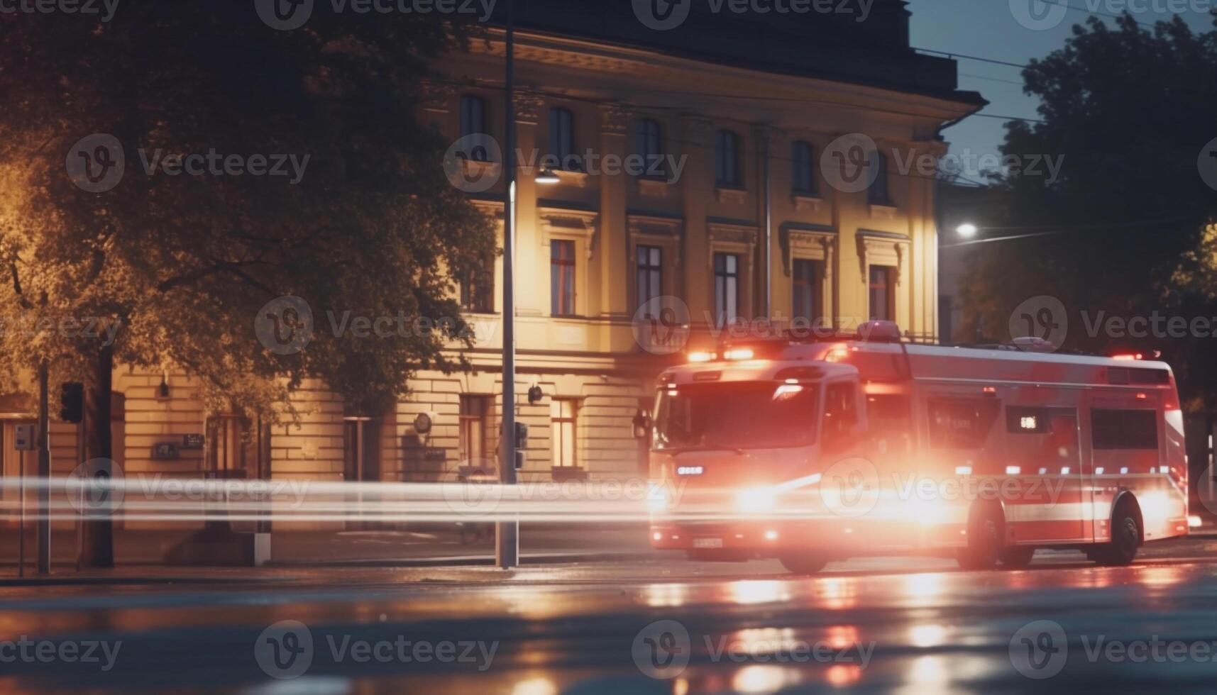 Bright ambulance siren speeds through city traffic at night generated by AI photo