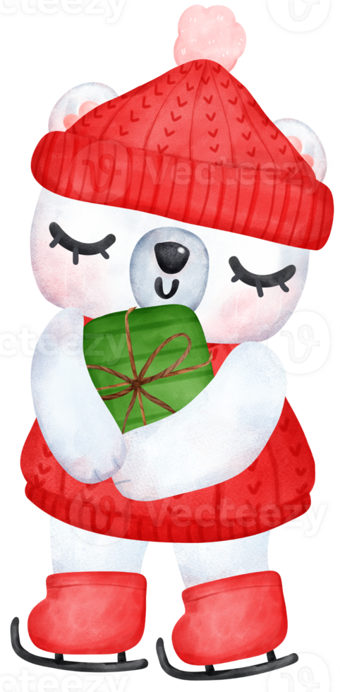 Christmas Surprise, joyful Adorable Polar Bear on skating with Stacked Presents, winter animal watercolour Children Illustration png