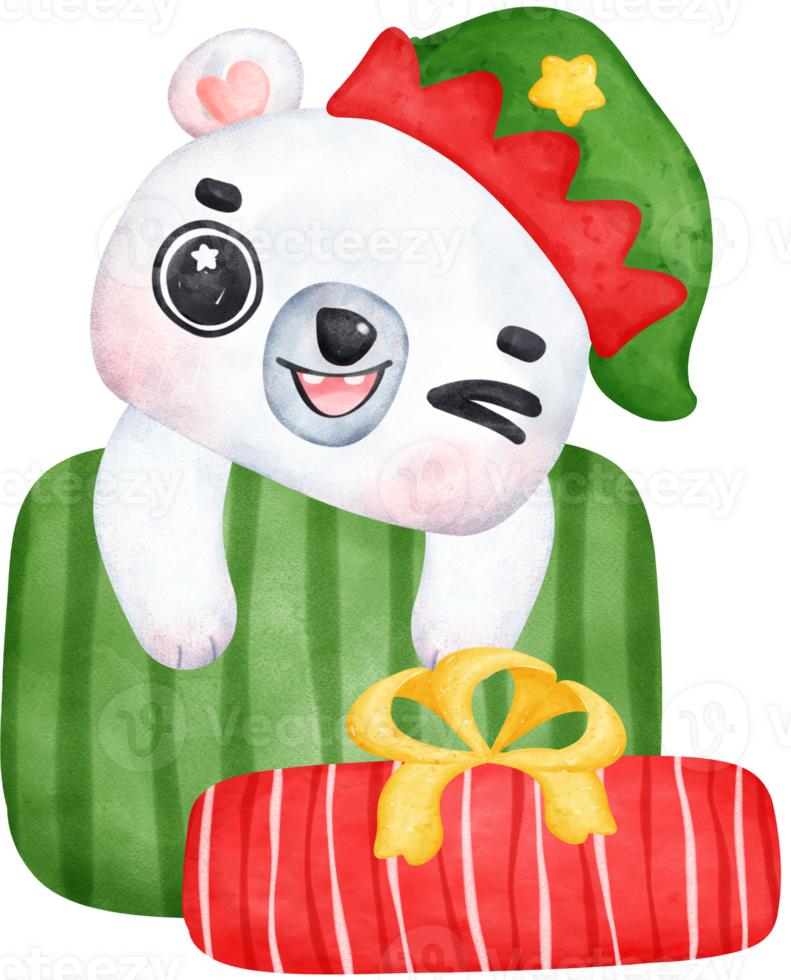 Navidad sorpresa, alegre adorable polar oso con apilado regalos, invierno animal acuarela niños ilustración png