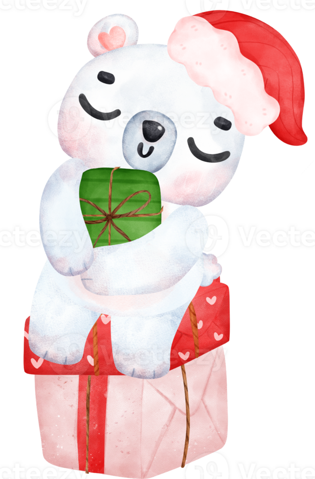 Christmas Surprise, joyful Adorable Polar Bear with Stacked Presents, winter animal watercolour Children Illustration png