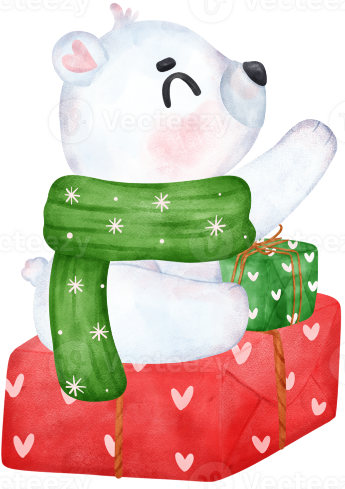 Christmas Surprise, joyful Adorable Polar Bear with Stacked Presents, winter animal watercolour Children Illustration png