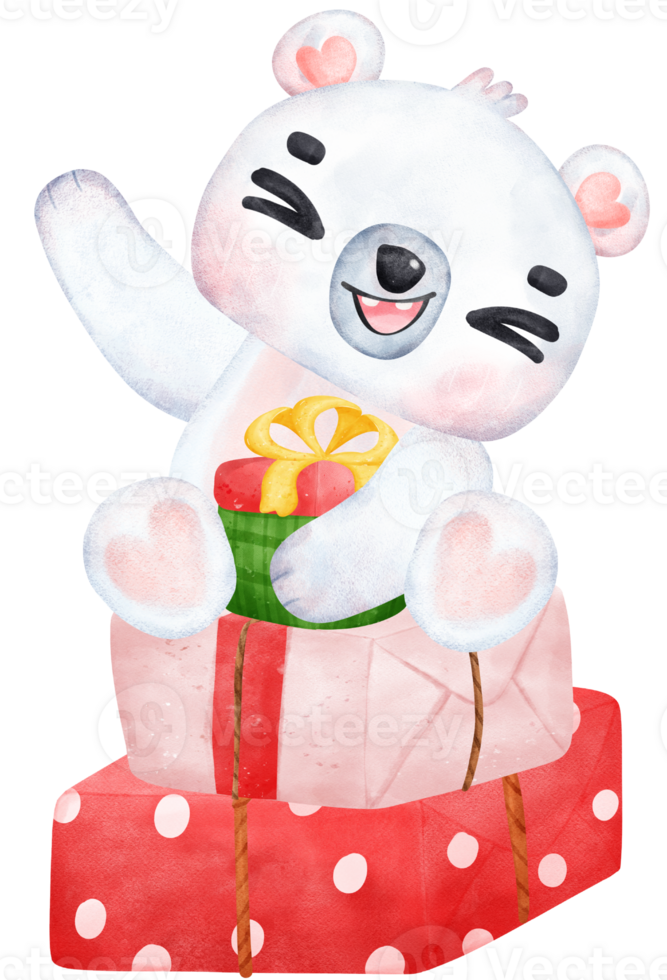 Navidad sorpresa, alegre adorable polar oso con apilado regalos, invierno animal acuarela niños ilustración png