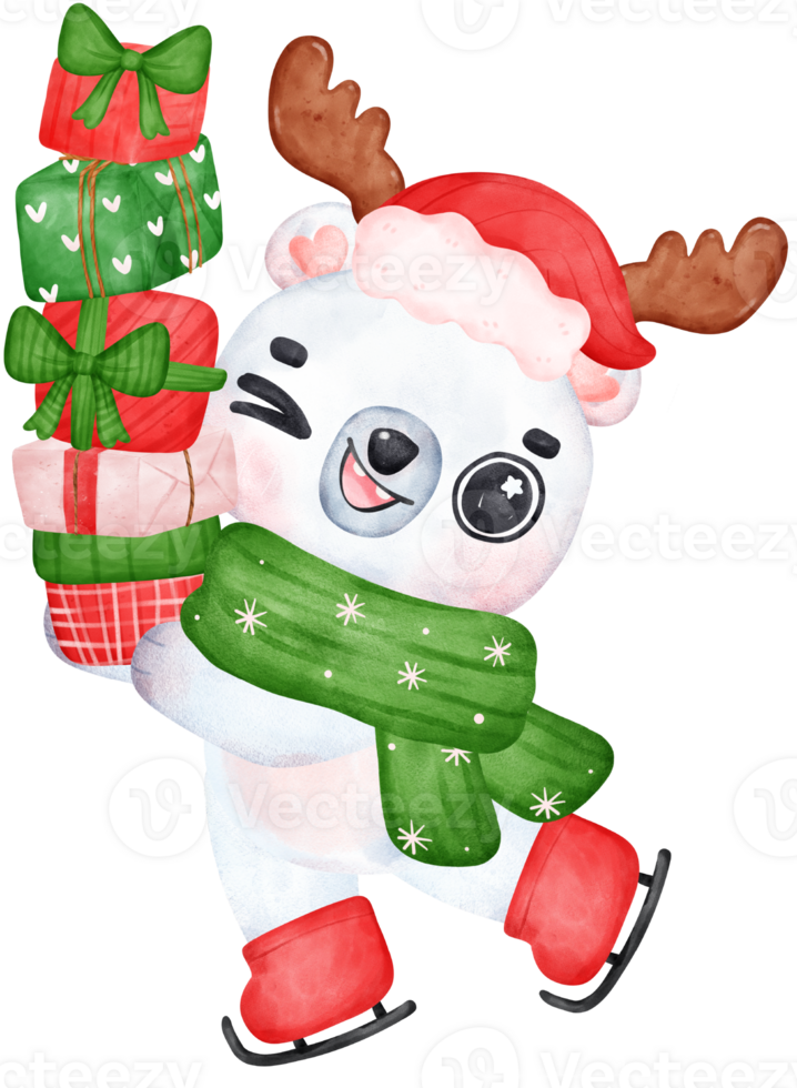 Christmas Surprise, joyful Adorable Polar Bear on skating with Stacked Presents, winter animal watercolour Children Illustration png