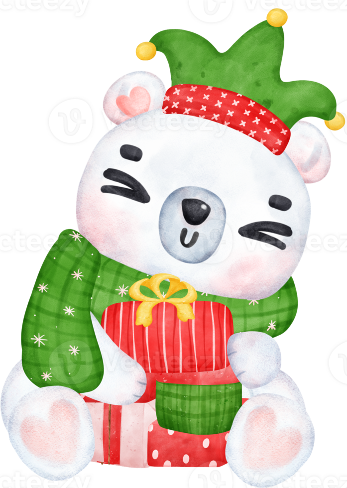 Christmas Surprise, joyful Adorable Polar Bear with Stacked Presents, winter animal watercolour Children Illustration png