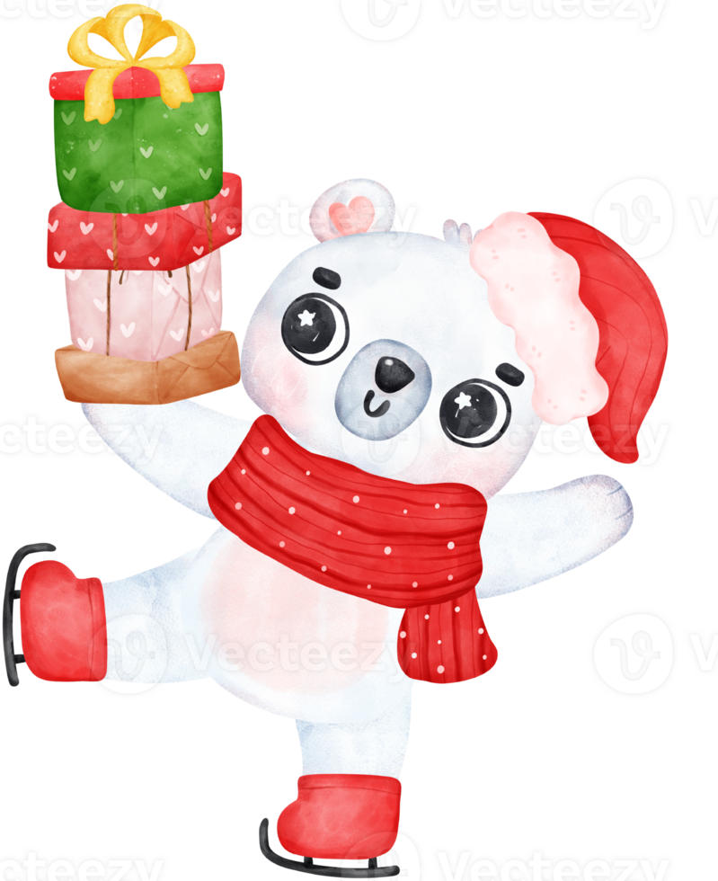 Christmas Surprise, joyful Adorable Polar Bear on skating with Stacked Presents, winter animal watercolour Children Illustration png