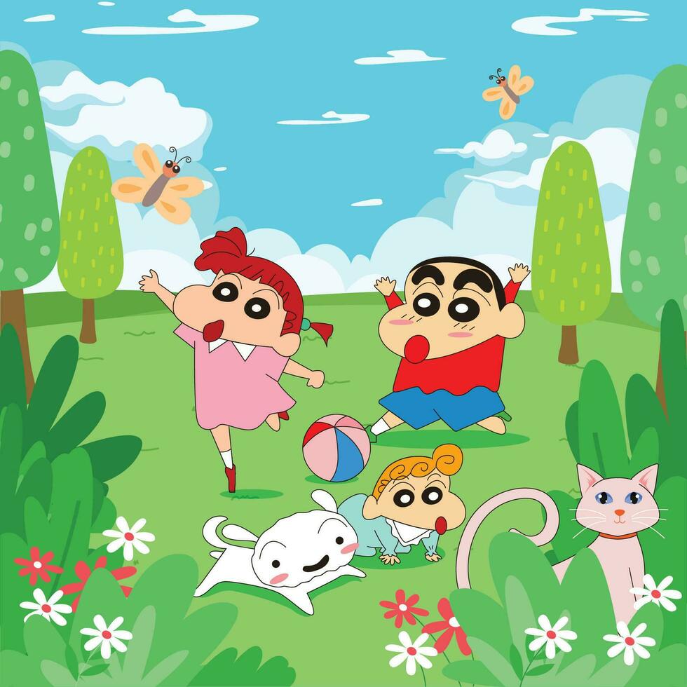Cute Little Boy Playing in the Park with Friends and Dogs vector