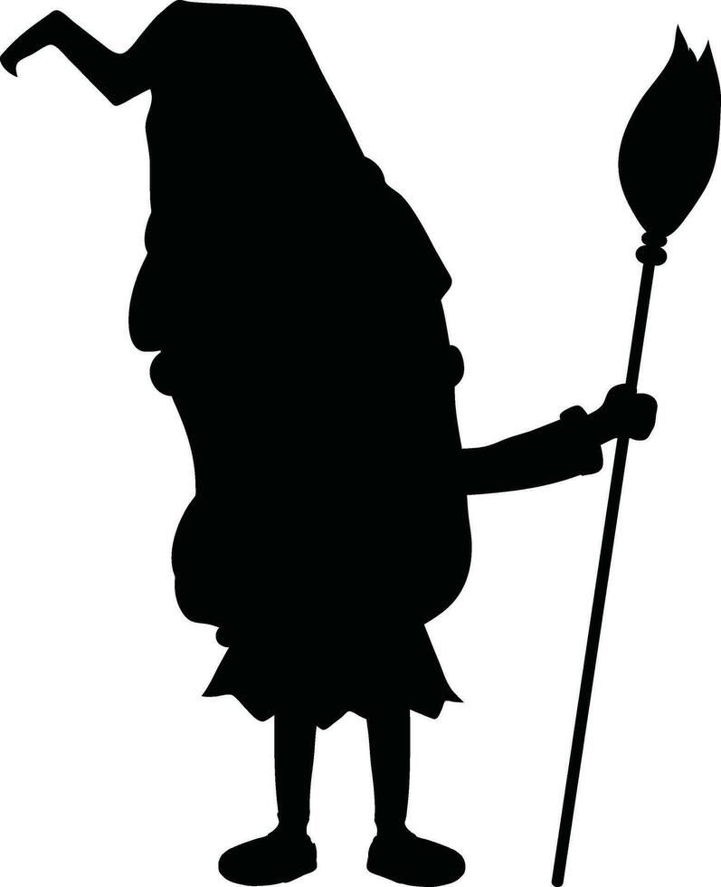 Silhouette of scary witch holding broomstick. vector