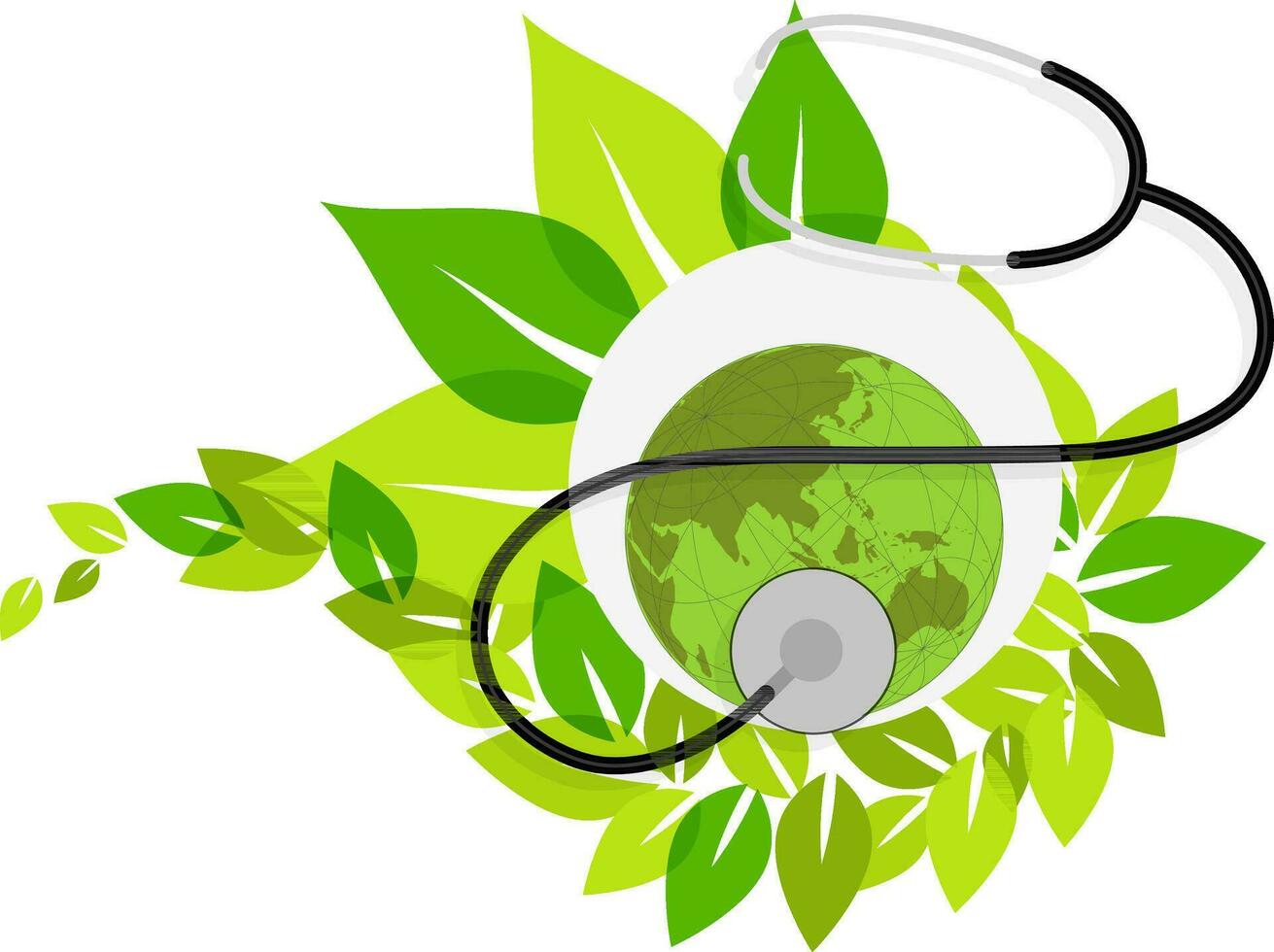 Earth globe with stethoscope on green leaves. vector