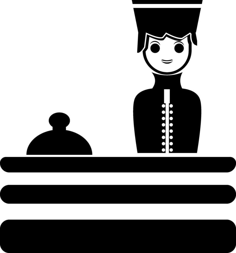 Bellhop or Porter on Counter with cloche, flat Black and White icon. vector