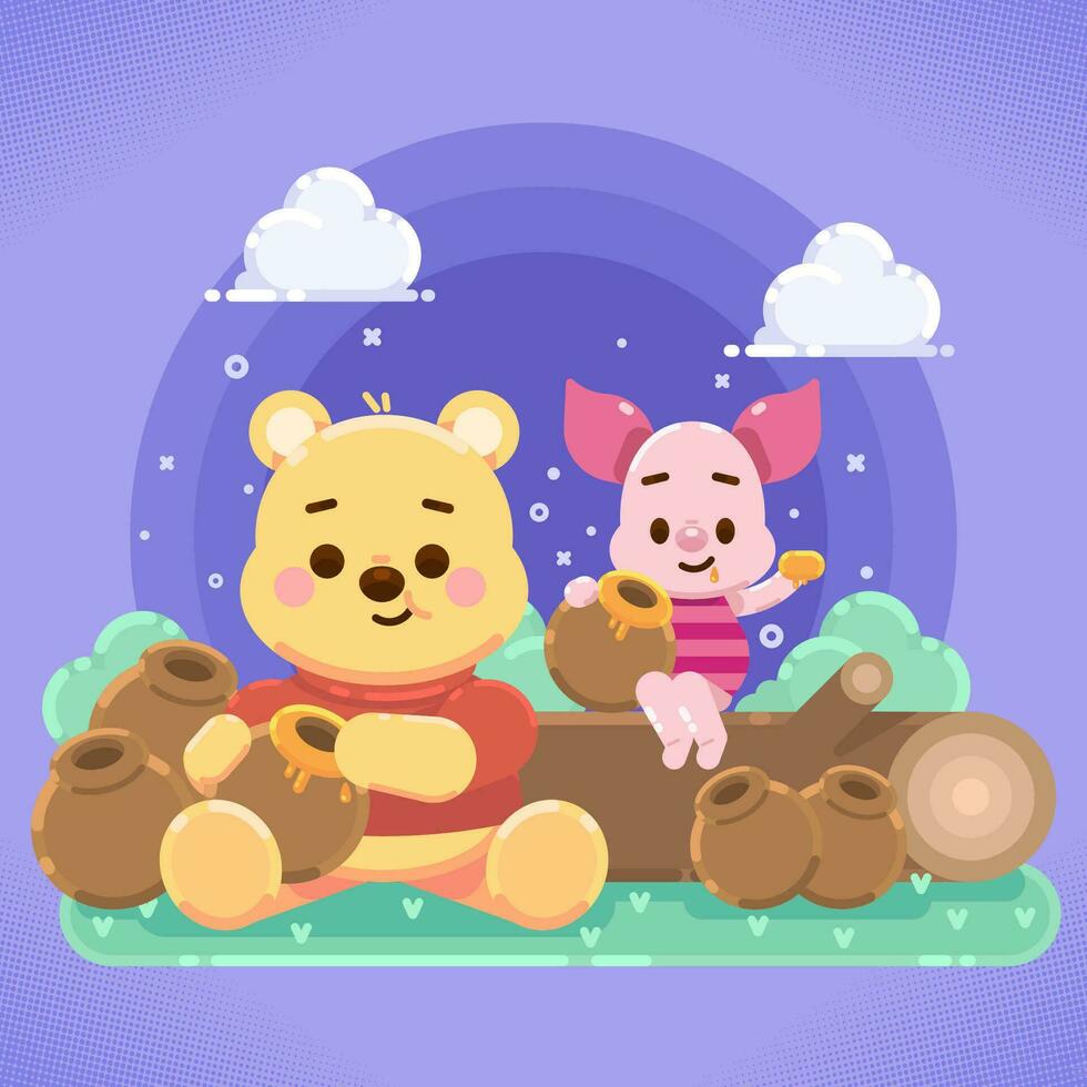 Cute Bear Feasting On Honey With His Little Pig Friend vector