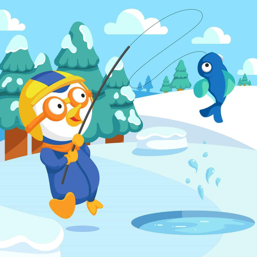 The Little Penguin Fishing In The Ice vector