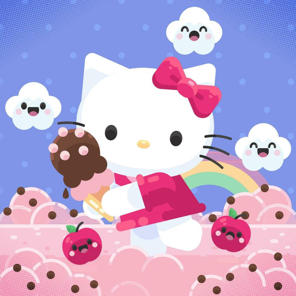 Cute Cartoon Kitty Holding Ice Cream In The Cotton Candy World vector