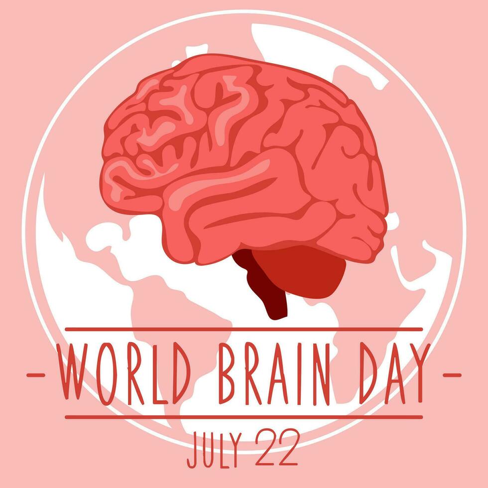 Postcard for World Brain Day, vector illustration with a cute brain in cartoon style on the background of the earth. July 22 in pink flowers with a cartoon brain. Shades of pink. Medicine human health