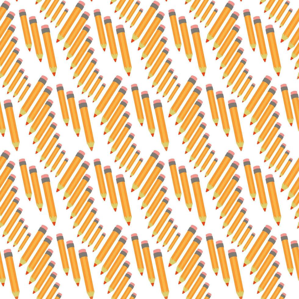 A pattern of yellow pencils scattered on a white background. Straight short yellow pencil. Return to school, the concept of teacher's day. Hand-drawn vector illustration. Square seamless pattern