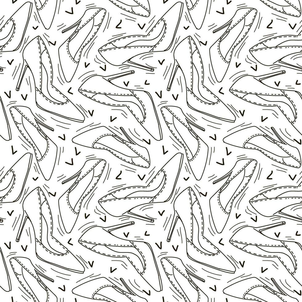 Pattern of classic fashionable women's stiletto shoes, black thin contour shoes with abstract details in a seamless pattern. Casual and festive shoes. Elegant female background for printing. vector