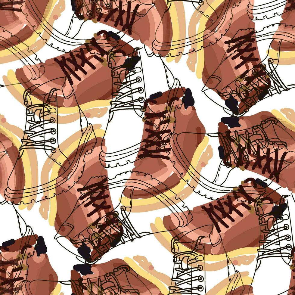 The pattern of fashionable winter boots for everyday walking, the contour and spot of the boot in the mix, seamless pattern. Casual and festive insulated shoes. Autumn, winter, spring background vector