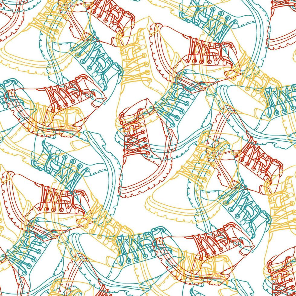 A pattern of fashionable winter boots for everyday walking, a colored contour of a boot with a seamless pattern. Casual and festive insulated shoes. Autumn, winter, spring background. For printing vector