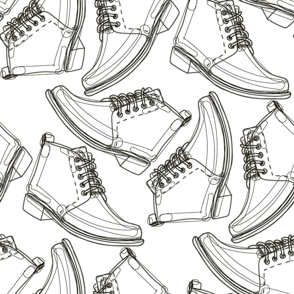 Pattern of men's fashionable winter boots for everyday walking, black contour of the shoe combined, seamless pattern. Casual and festive insulated shoes. Autumn, winter, spring background. Print vector