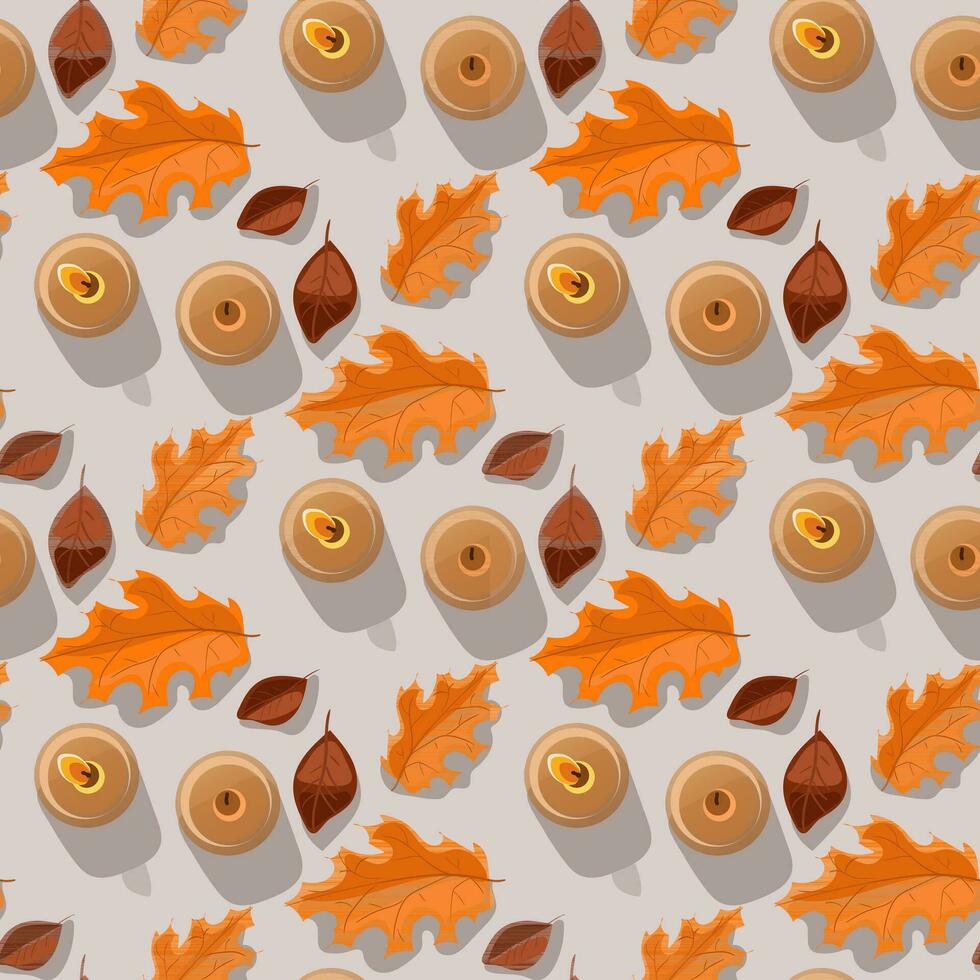 A pattern of autumn leaves and candles in brown and orange tones on a gray background with a shadow. Fallen leaves. Flat design. Great for creating backgrounds, clothing and editorial design, home. vector