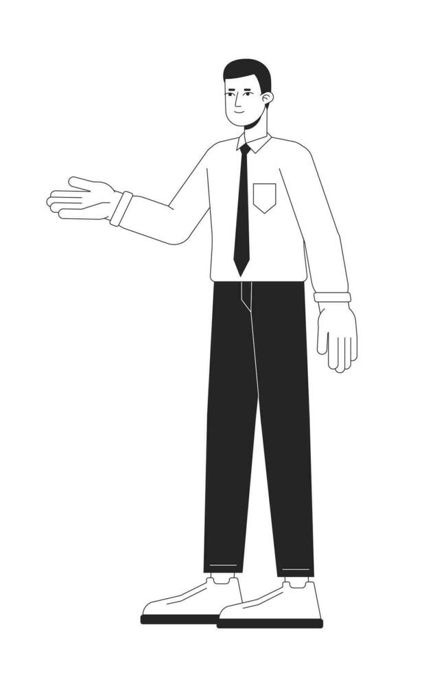 Salesperson presenting flat line black white vector character. Editable outline full body person on white. Confident salesman simple cartoon isolated spot illustration for web graphic design