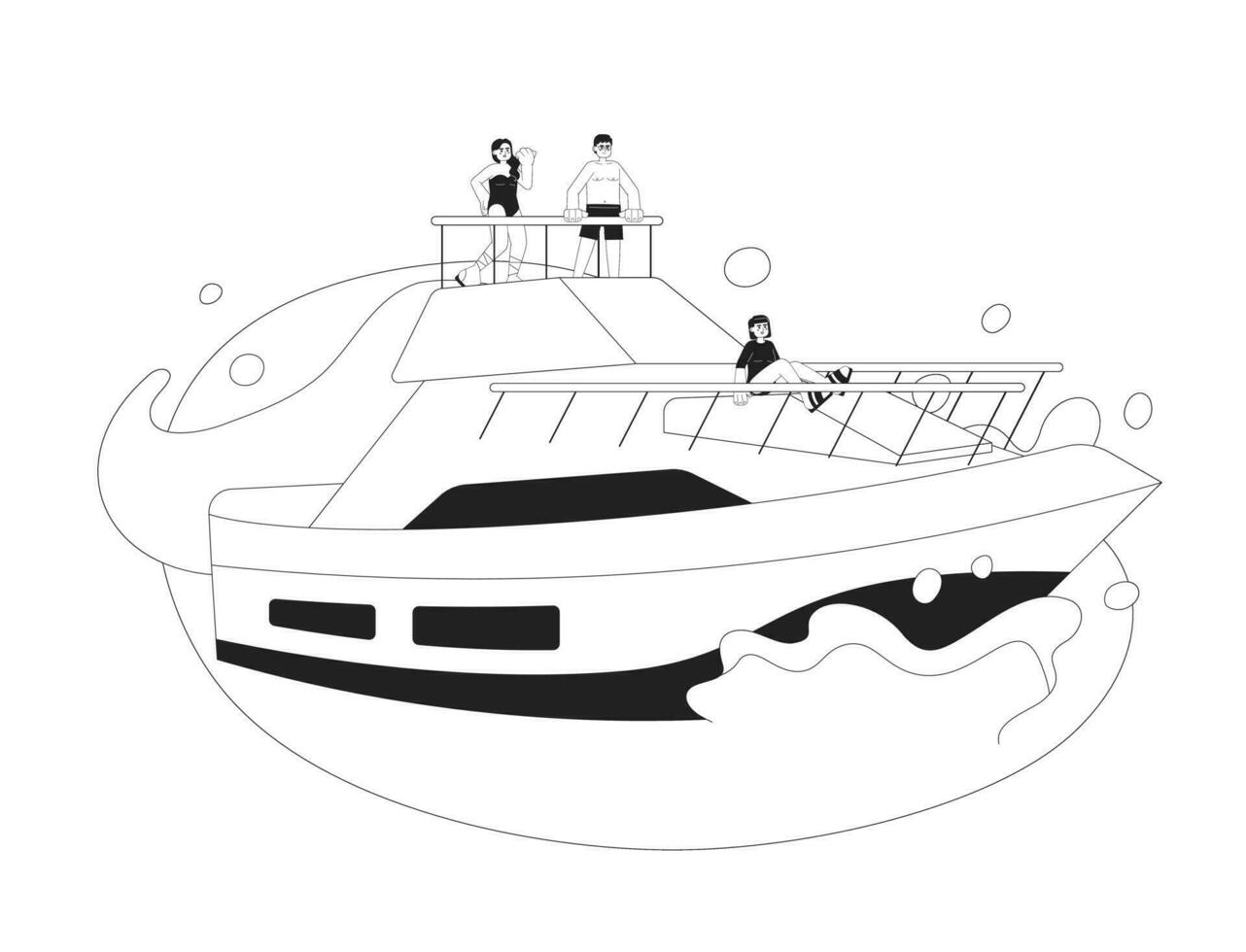 Yacht party monochrome vector spot illustration. Friends in swimwear luxury yachting 2D flat bw cartoon characters for web UI design. Summer. Sailboat in ocean isolated editable hand drawn hero image