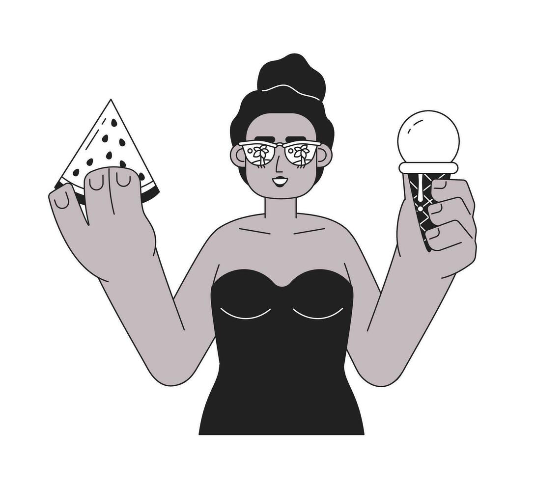 Watermelon and ice cream on beach monochrome vector spot illustration. African american woman in swimsuit 2D flat bw cartoon character for web UI design. Fun isolated editable hand drawn hero image
