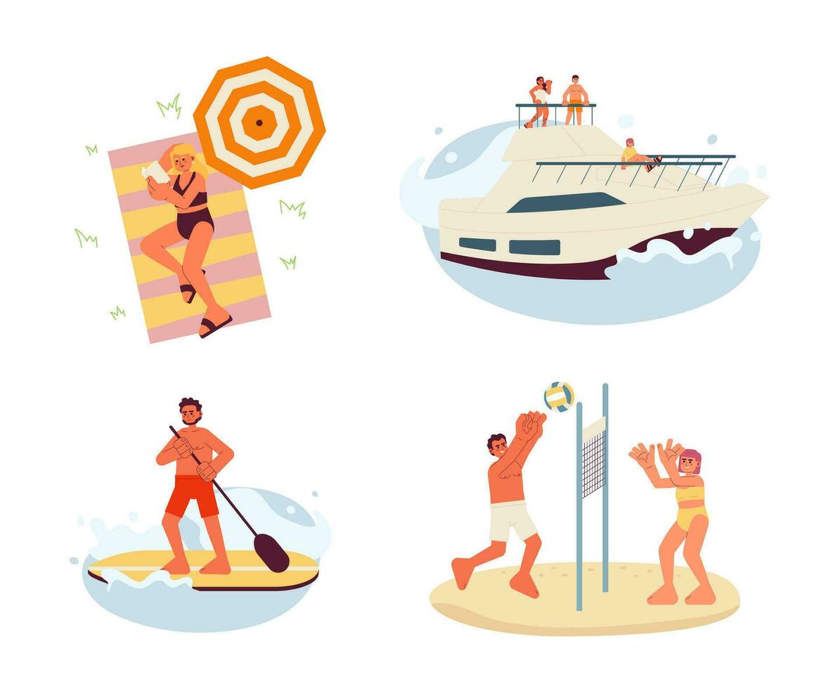 Enjoy summer break flat vector spot illustration set. 2D cartoon characters on white for web UI design. Volleyball sand. Reading book beach. Yacht party isolated editable creative hero image pack