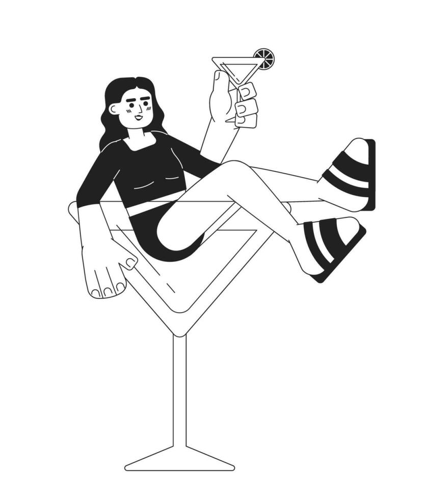 Cocktail party monochrome concept vector spot illustration. Arab woman with margarita glass 2D flat bw cartoon character for web UI design. Summer vibe isolated editable hand drawn hero image