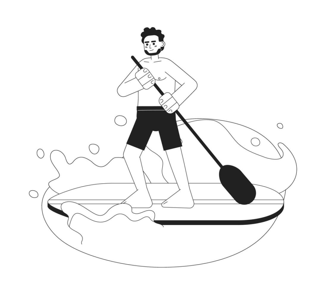 Indian man paddleboarding on lake monochrome vector spot illustration. Guy in swimwear standing up paddle board 2D flat bw cartoon character for web UI design. Isolated editable hand drawn hero image