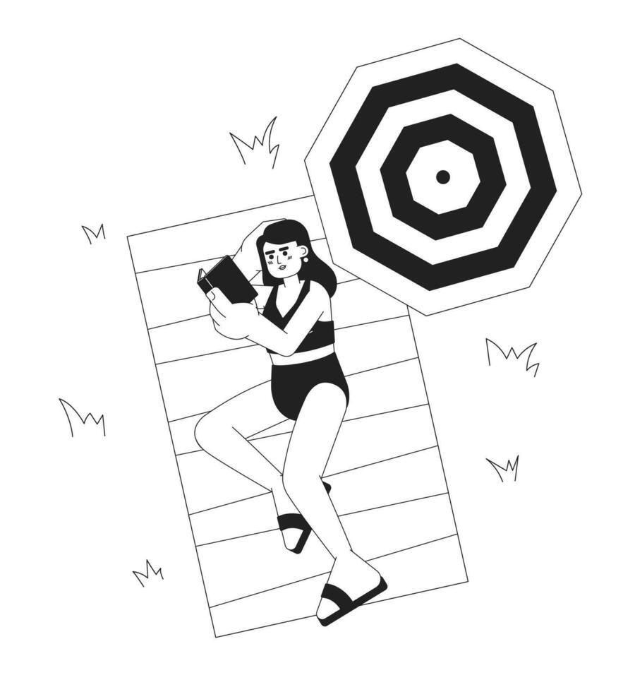 Reading book on beach monochrome vector spot illustration. Woman enjoying summer reading 2D flat bw cartoon character for web UI design. Beach relaxation isolated editable hand drawn hero image