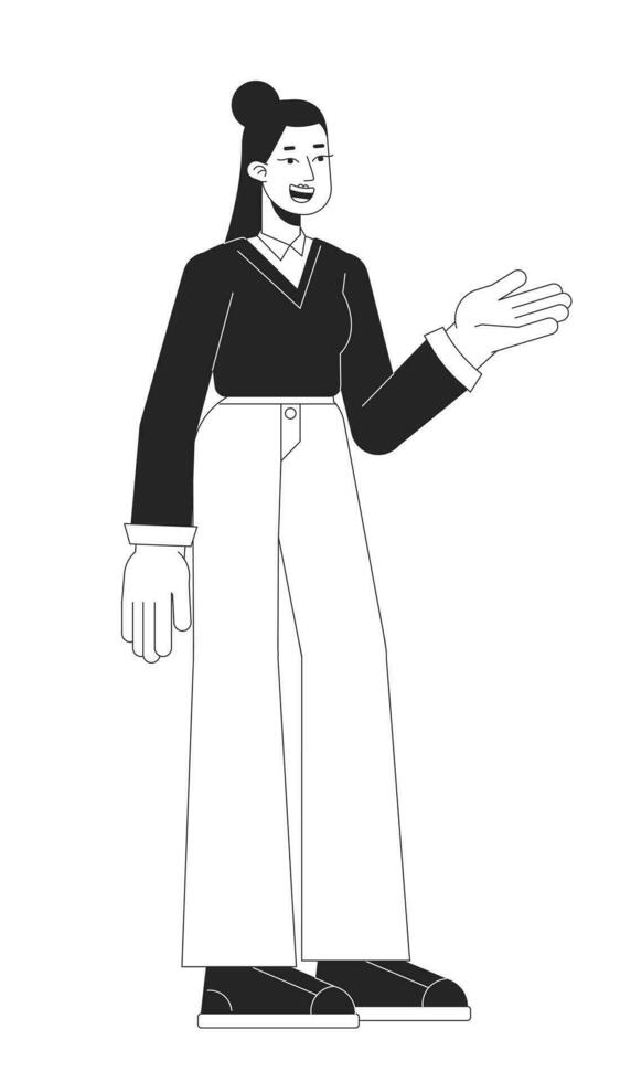 Asian woman counselor flat line black white vector character. Sales lady. Editable outline full body person on white. Businesswoman simple cartoon isolated spot illustration for web graphic design