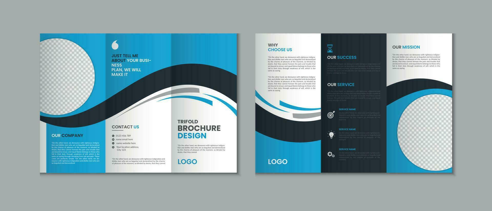 Professional clean modern and corporate various colorful unique trifold brochure template, three fold cover page, three fold presentation, bifold brochure layout design with mockup vector