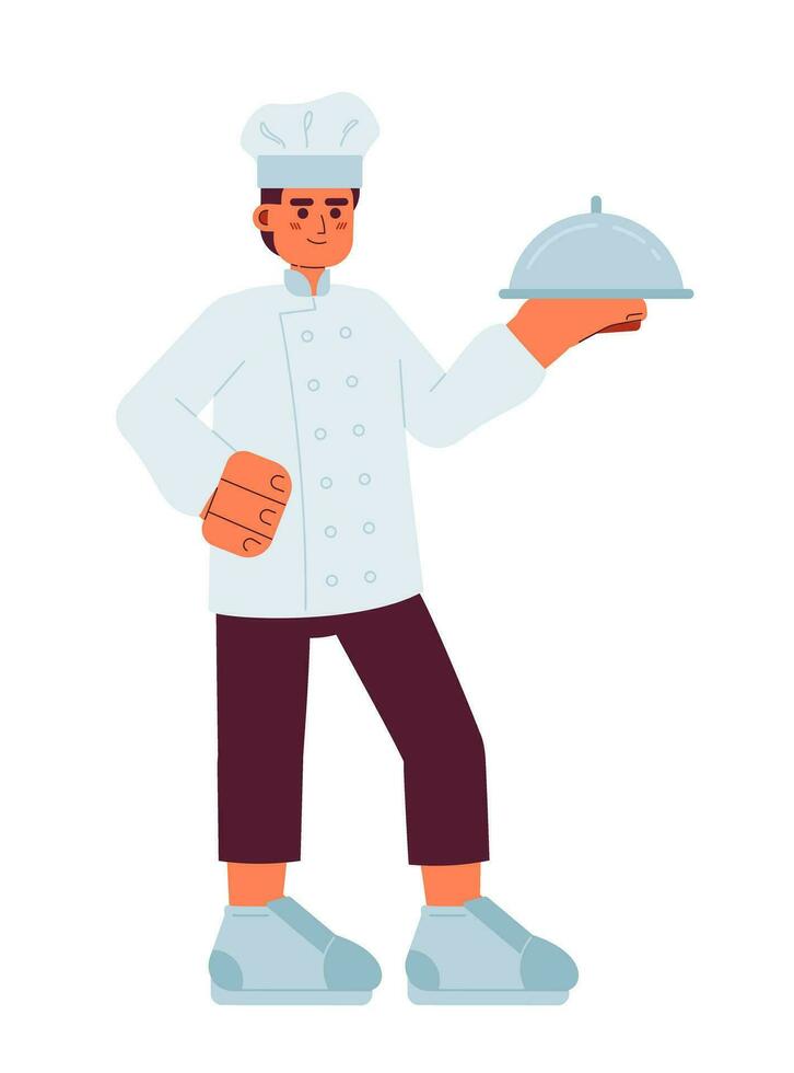 Caucasian male chef stand with silver tray semi flat colorful vector character. Editable full body caucasian cooking person on white. Simple cartoon spot illustration for web graphic design